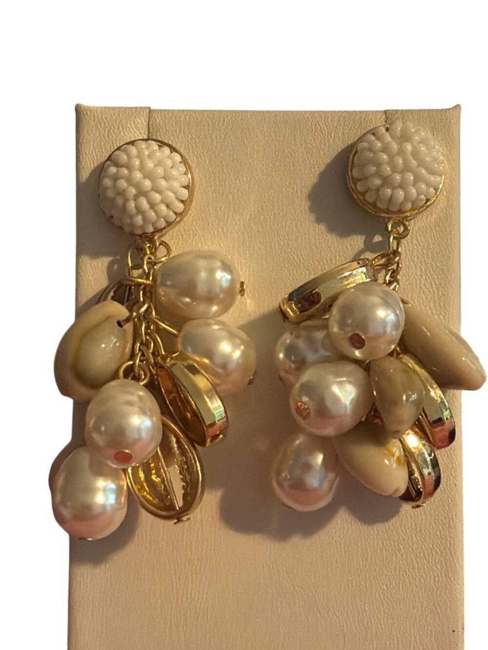 Sugarfix Gold Tone Cluster Dangle Earrings Faux Pearls Cowrie Shell 2" Beach Sea